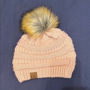 C.C Women’s Pink Knit Beanie with Faux Fur Pom